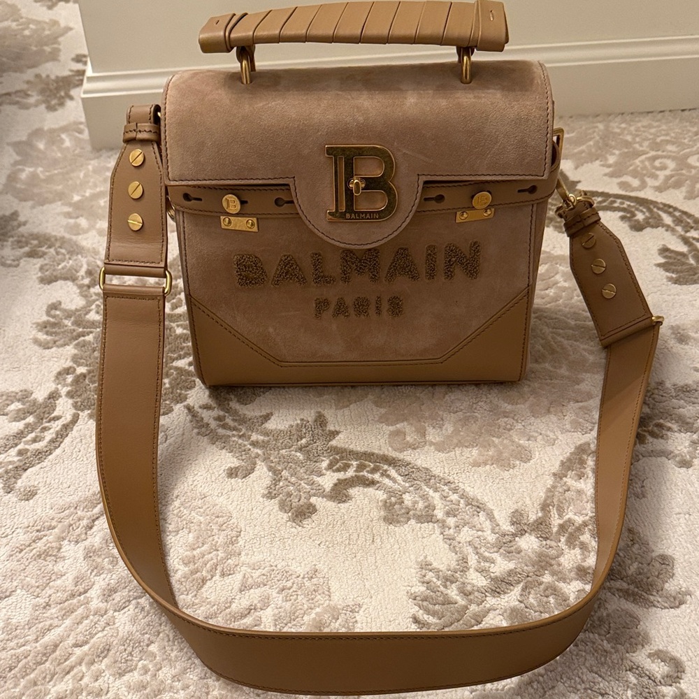 Balmain Camel Leather Shoulder Bag with Gold Accents